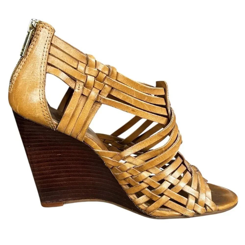 Tory Burch Women’s Tevray Huarache Tan Leather Wedge Sandals Size US 7